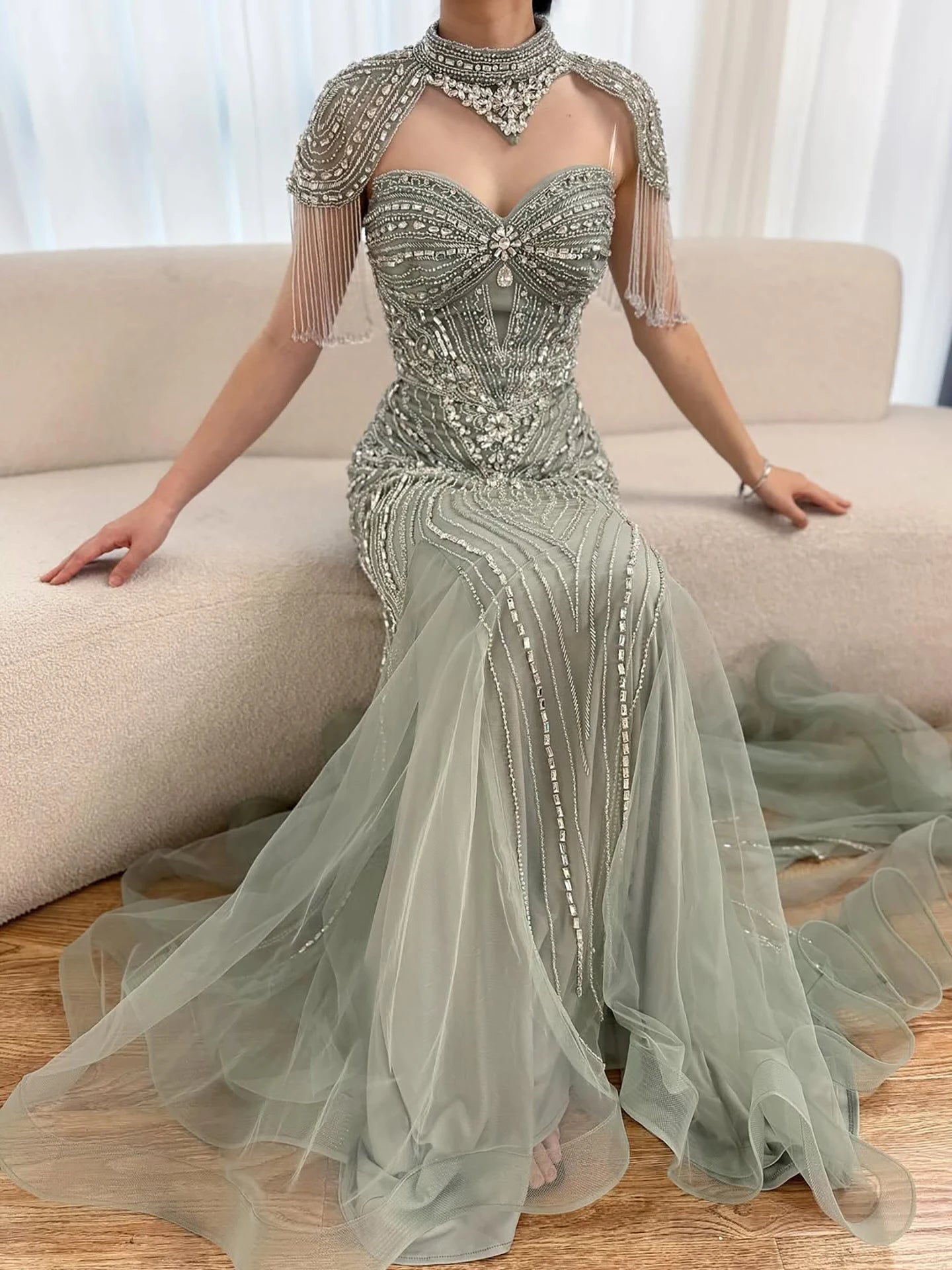 Luxury Nude Beaded High Neck Mermaid Evening Dress LA72897 - SERENE HILL