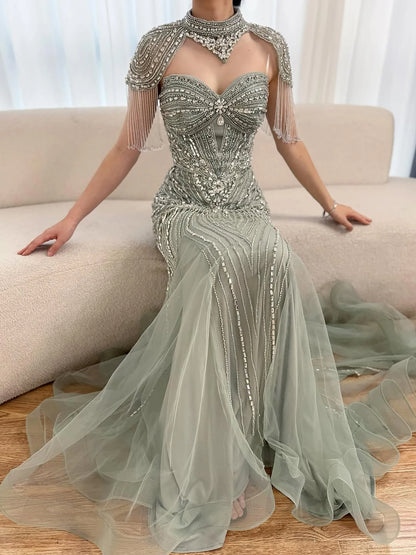 Luxury Nude Beaded High Neck Mermaid Evening Dress LA72897 - SERENE HILL