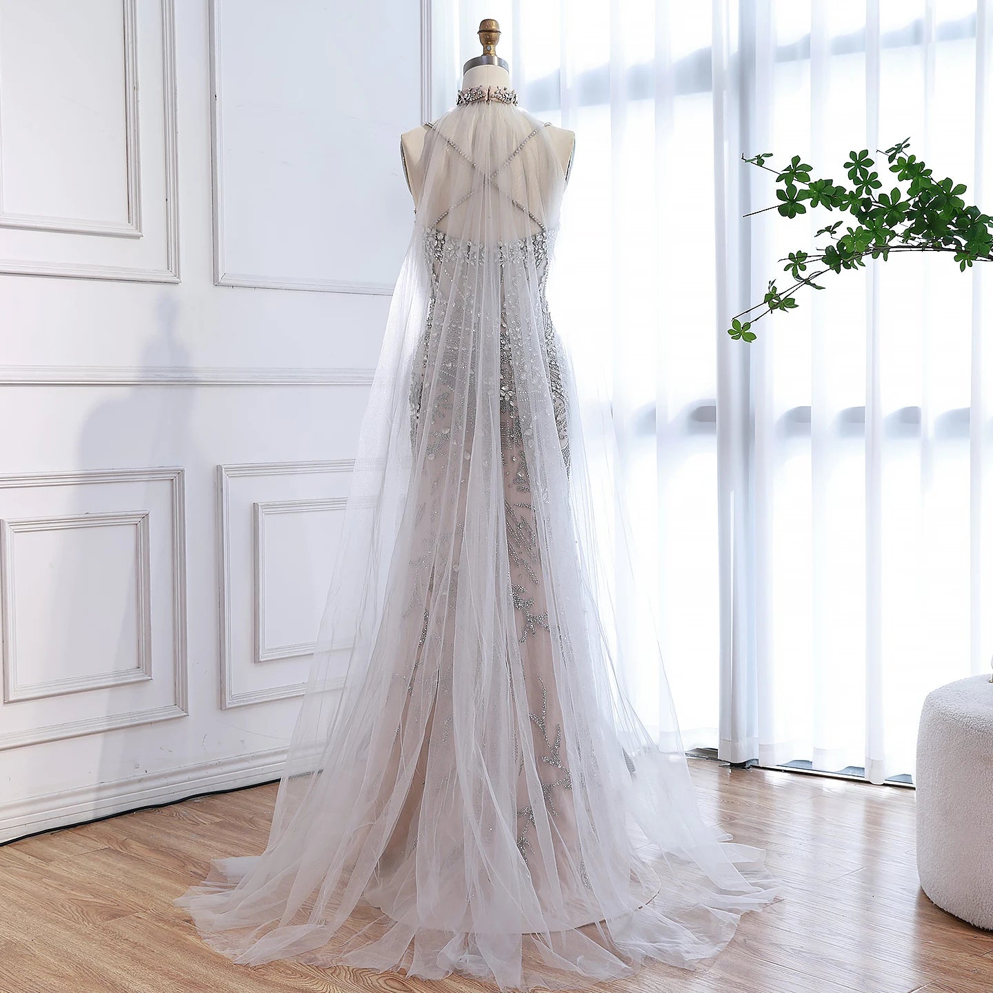 Luxury Evening Dress Grey Beaded With Cape Prom Gown LA73342 Grey / 16