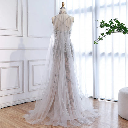 Luxury Evening Dress Grey Beaded With Cape Prom Gown LA73342 - SERENE HILL