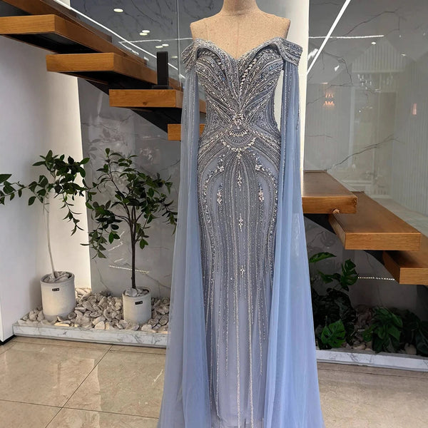 Luxury Blue Beaded Cape Sleeve Saudi Arabic Evening Dress LA73151