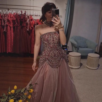 Luxury Wine Red Arabic Beaded A-Line Evening Dress LA73377 - SERENE HILL