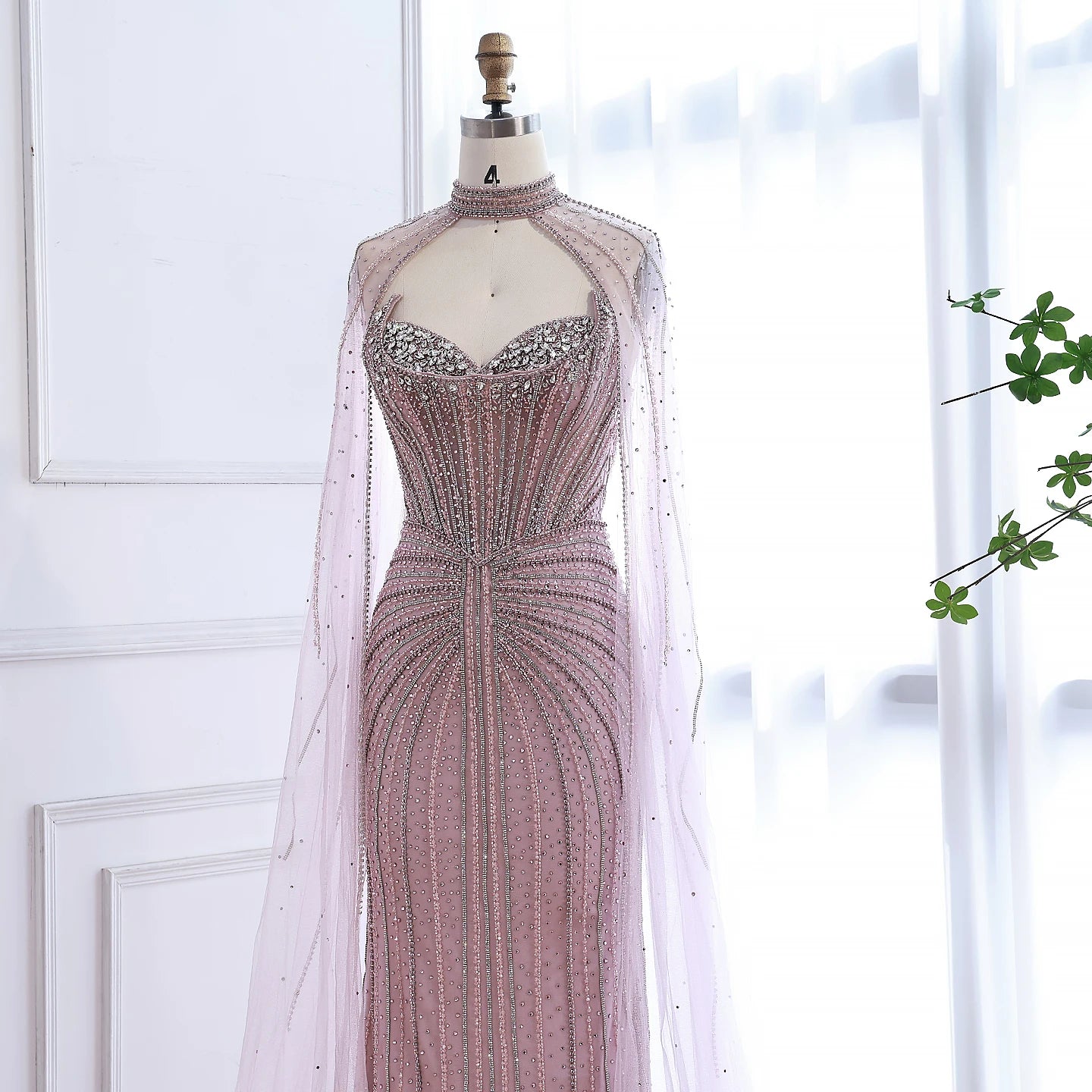 Luxury Dubai Caramel Beaded Evening Dress With Cape LA72811C - SERENE HILL
