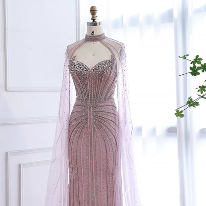 Luxury Dubai Caramel Beaded Evening Dress With Cape LA72811C - SERENE HILL