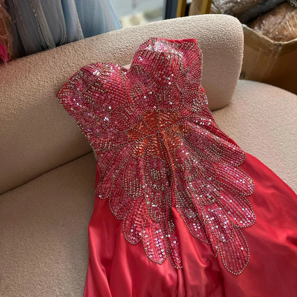 Luxury Pink Satin A-Line Beaded Evening Dress LA72195A - SERENE HILL