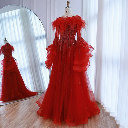 Luxury Red Feathered A-Line Evening Dress with Puffy Sleeves LA73080 - SERENE HILL