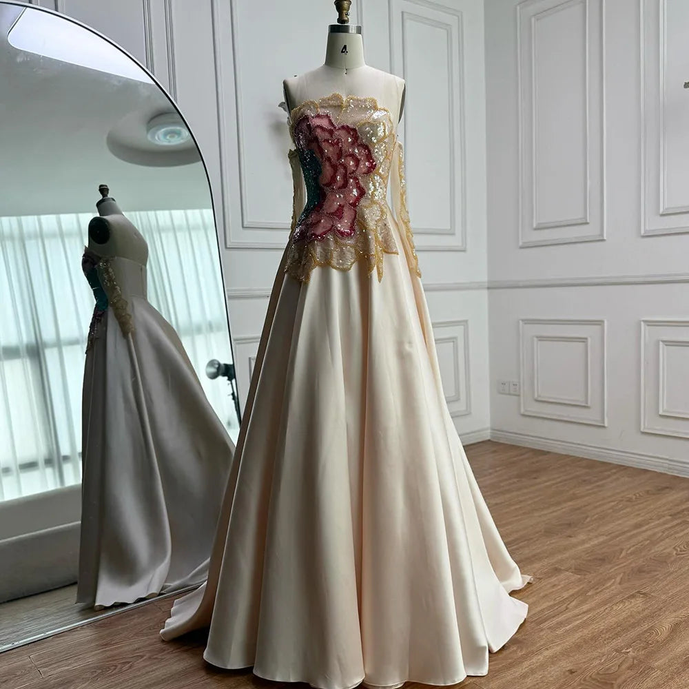 Luxury Chic Arabic Designer Beaded Satin A-Line Evening Dress LA72195B - SERENE HILL