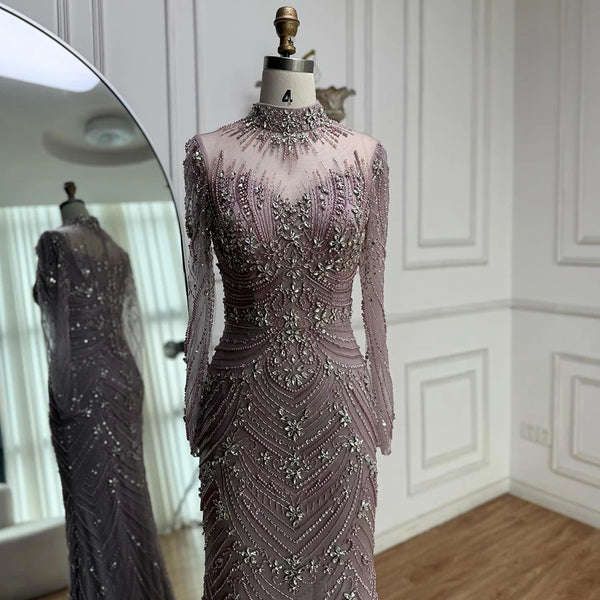 Luxury Pink Beaded Mermaid Evening Dress Long Sleeve LA73158