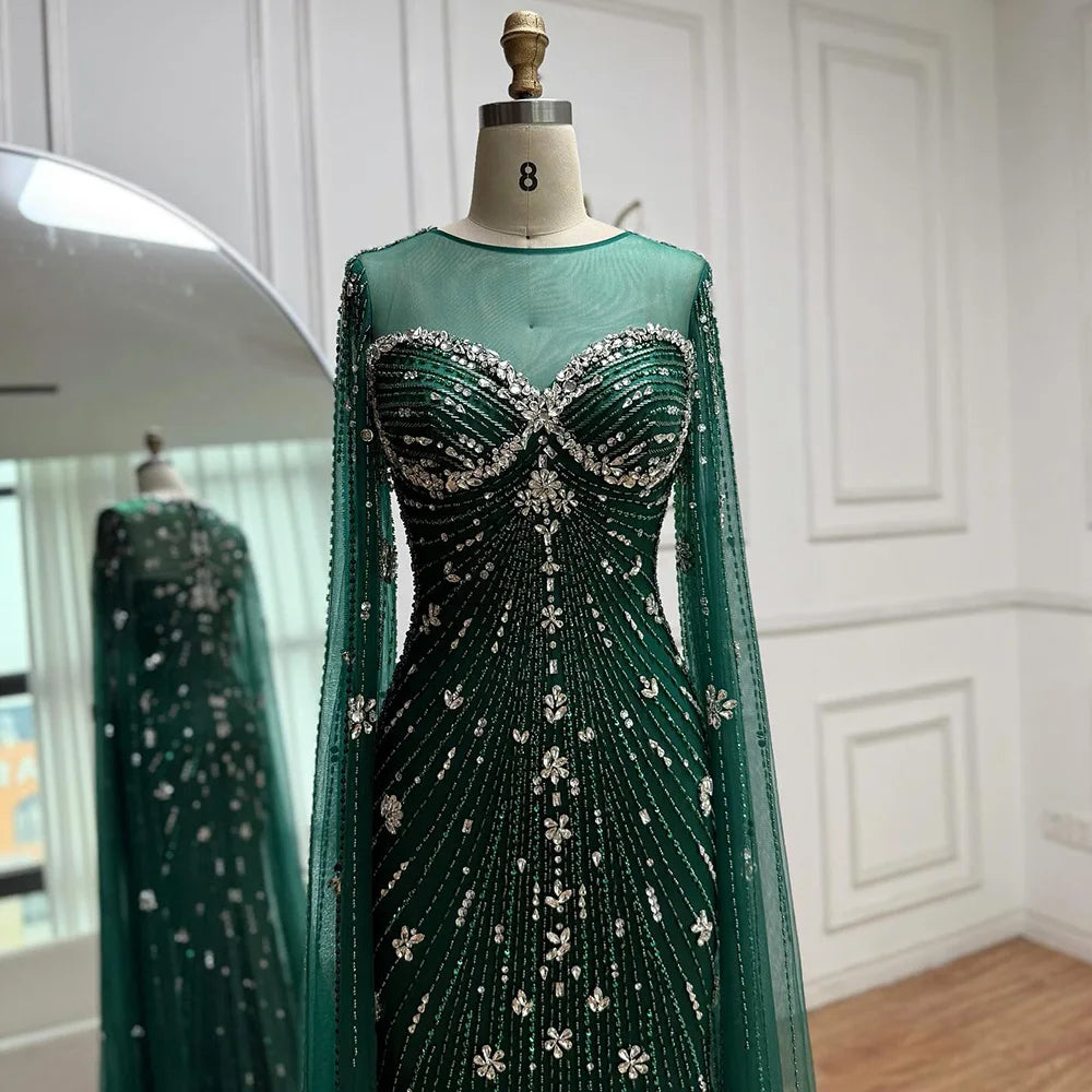 Luxury Green Beaded Mermaid Dress with Cape Sleeves LA73115 - SERENE HILL