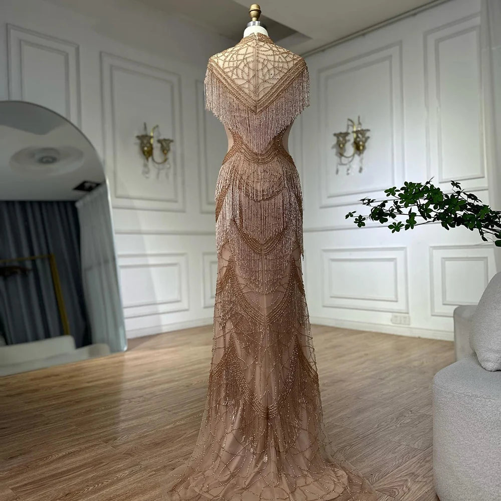 Serene Hill Grey Mermaid Luxury Evening Dresses Gowns Cap Sleeves Beading Tassel Sexy For Women Party 2025 LA70529 - SERENE HILL
