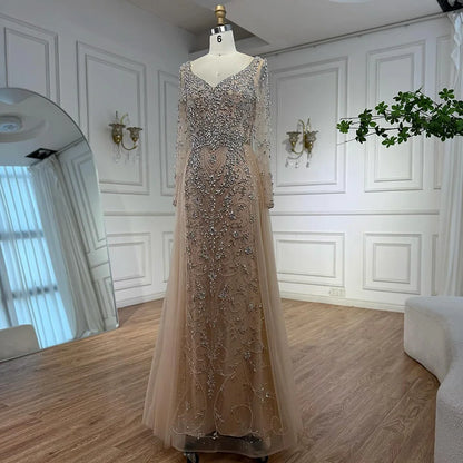 Luxury Nude Beaded Mermaid Evening Dress with Overskirt LA73042A - SERENE HILL