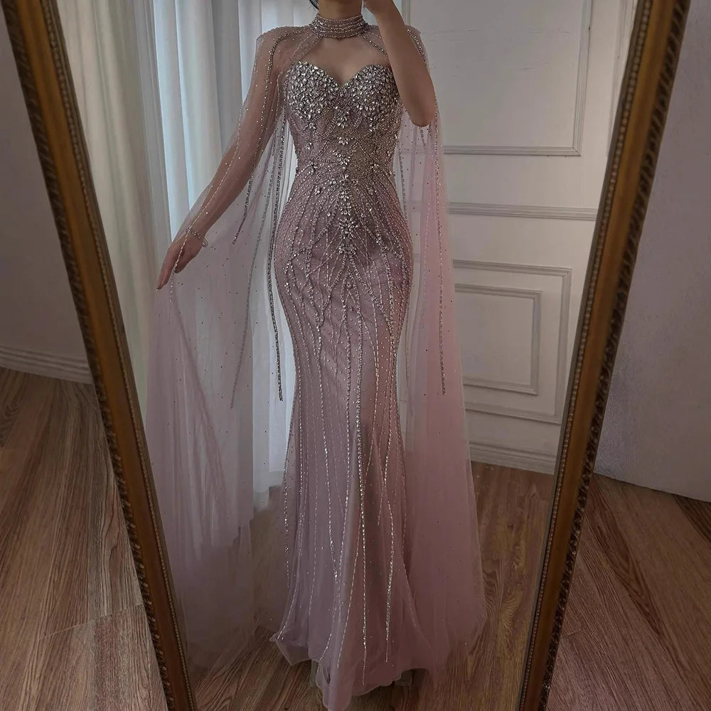 Luxury Turquoise Beaded Cape Sleeve Saudi Arabic Evening Dress LA73136A - SERENE HILL