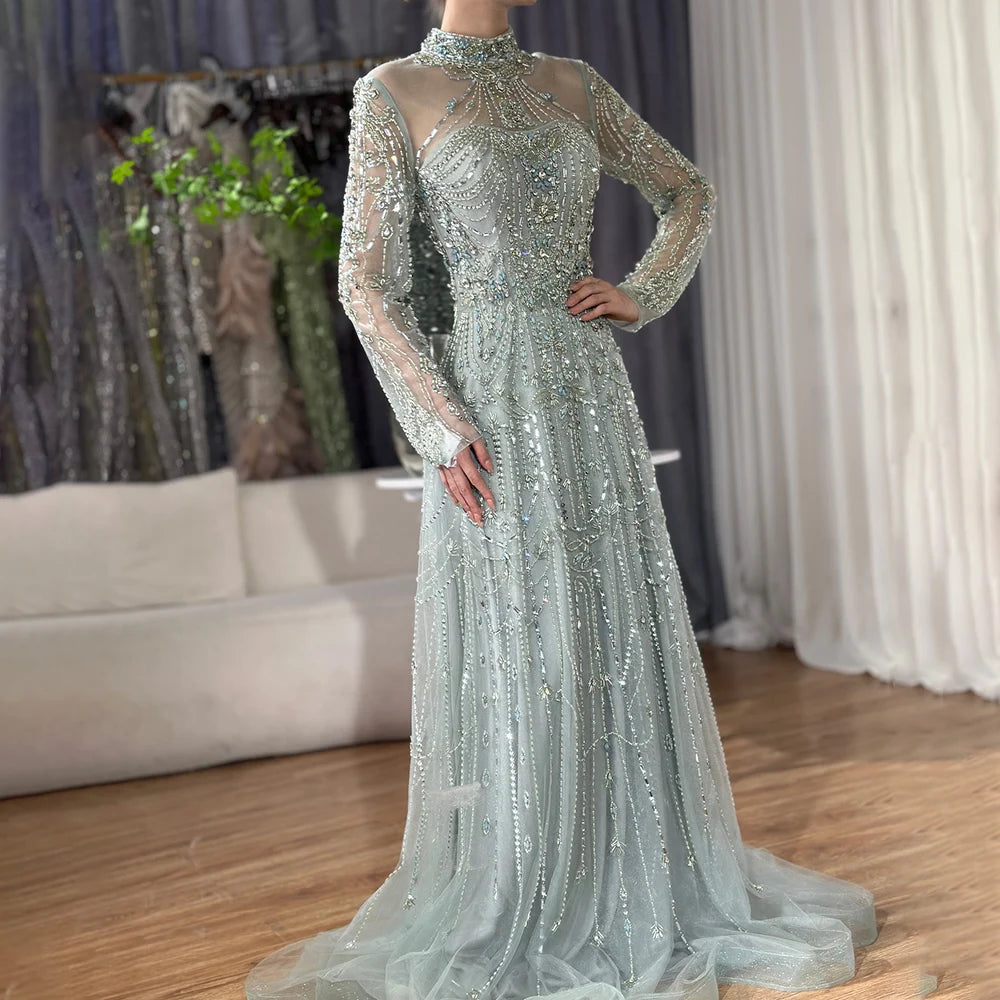 Luxury Dubai Designer Modest A-Line Blue Lace Beaded Evening Dresses LA72704 - SERENE HILL