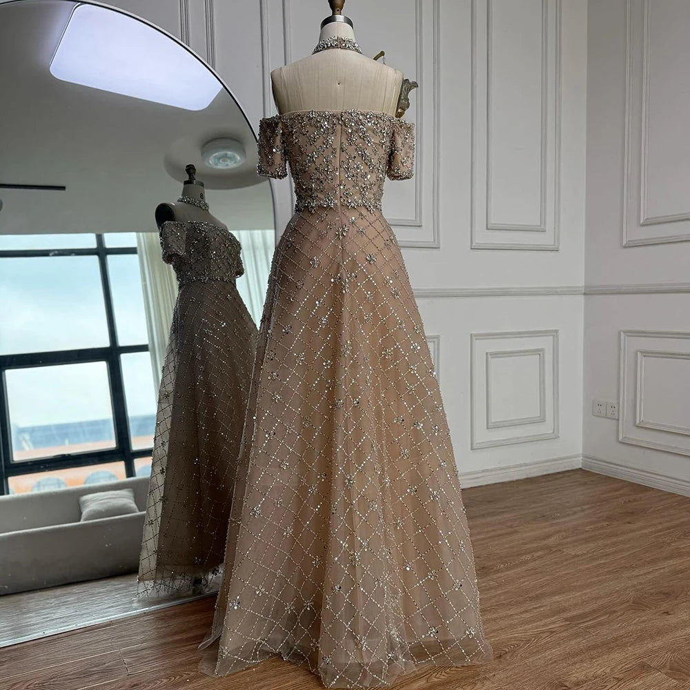 Luxury Nude Sliver Off Shoulder Beaded Crystal A-Line Evening Dress LA73122 - SERENE HILL