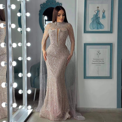 Luxury Evening Dress Nude Pearls Beaded Gown With Tulle Train LA72189A - SERENE HILL