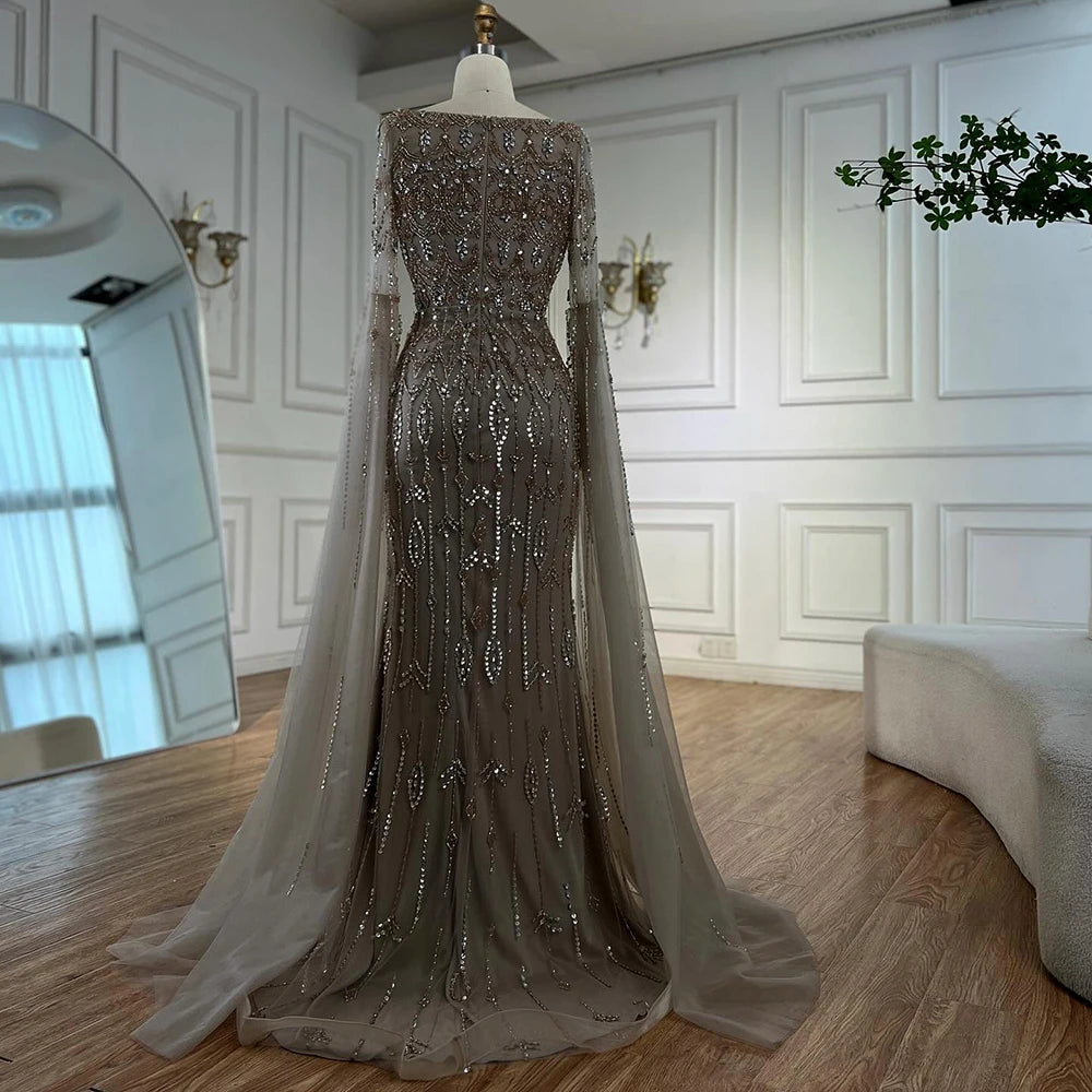 Luxury Modest Caramel Evening Dress with Sleeves Cape LA72966 - SERENE HILL