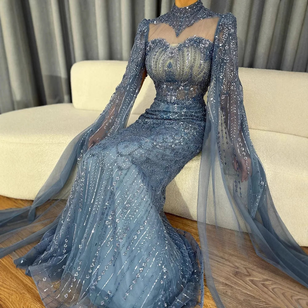 Luxury Modest Blue Mermaid Evening Dress with Cape LA73006 - SERENE HILL