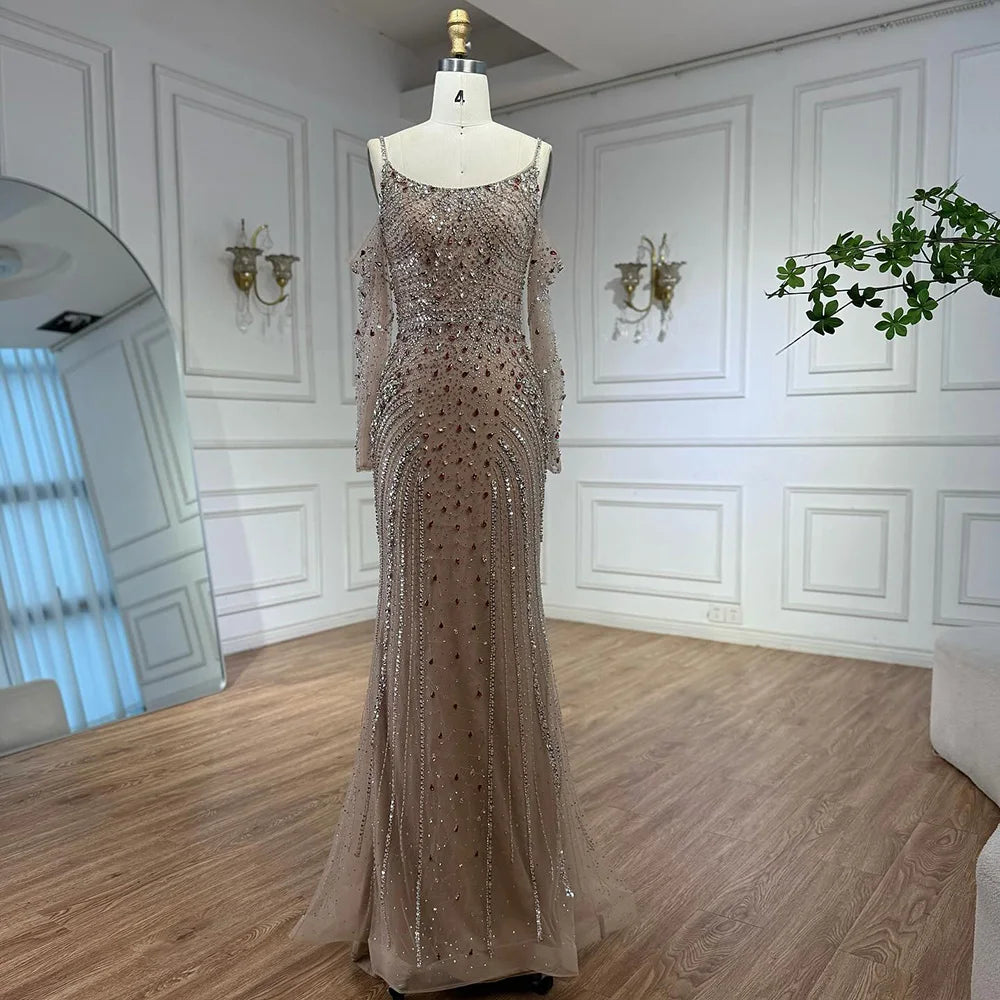 Luxury Nude Navy Blue Beaded Evening Dress with Long Sleeves LA73120 Nude Wine Red / 2 Luxury Nude Navy Blue Beaded Evening Dress with Long Sleeves LA73120 Nude Wine Red / 2