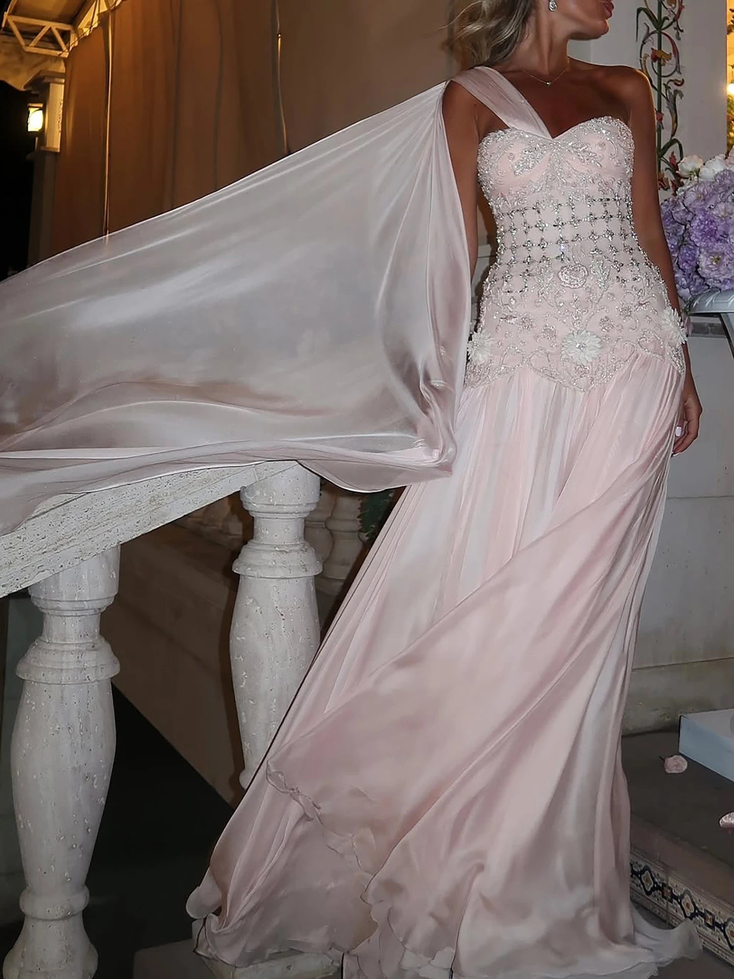 Luxury Pink Arabic Floral chiffon Evening Dress With Cape LA73451 - SERENE HILL