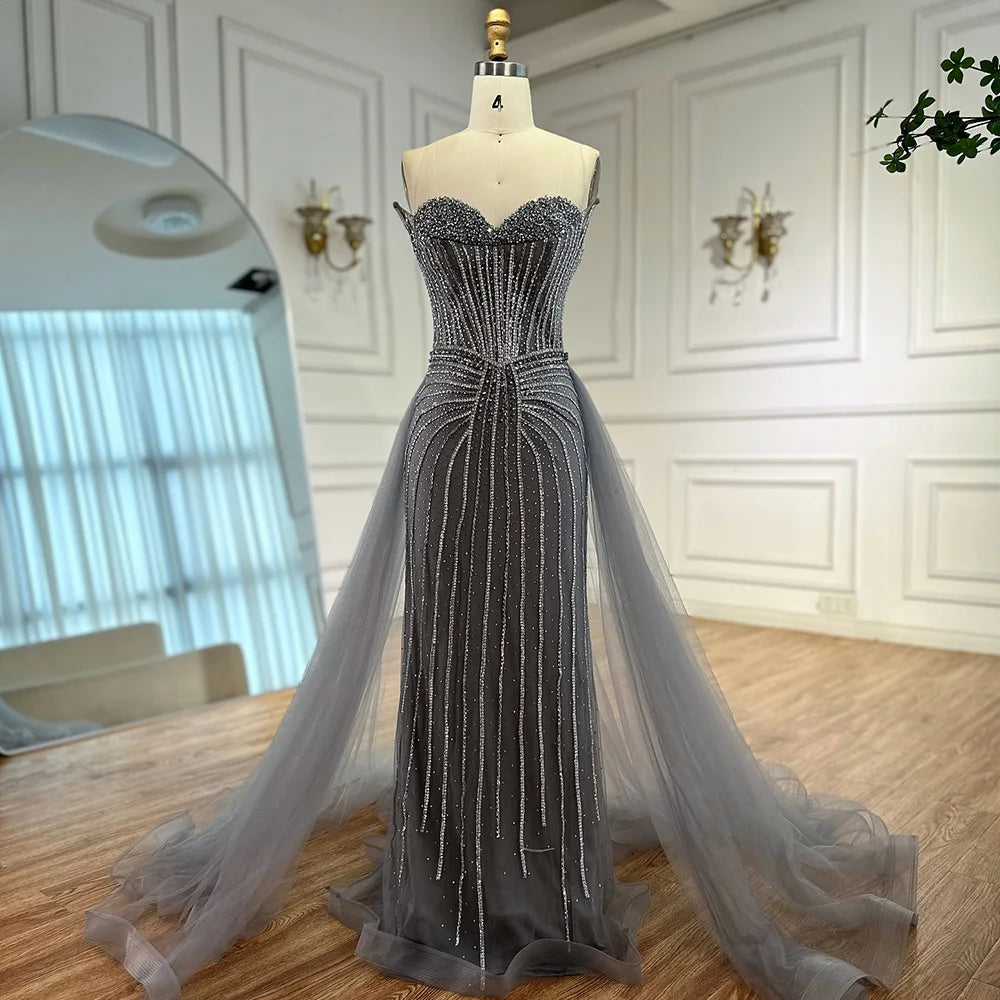 Pink Pearls Beaded Arabic Mermaid Evening Dress with Overskirt LA72811B - SERENE HILL