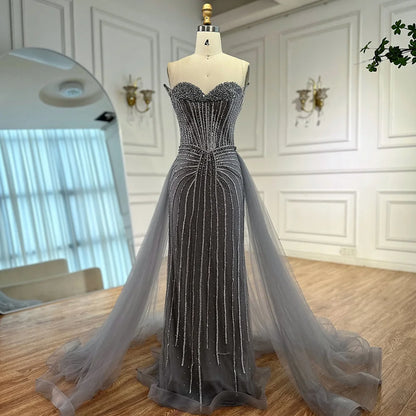 Pink Pearls Beaded Arabic Mermaid Evening Dress with Overskirt LA72811B - SERENE HILL