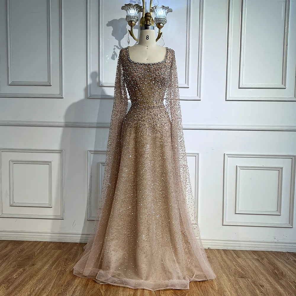 Luxury Rose Gold Beaded Evening Dress with Cape LA72147C Plus Size - SERENE HILL