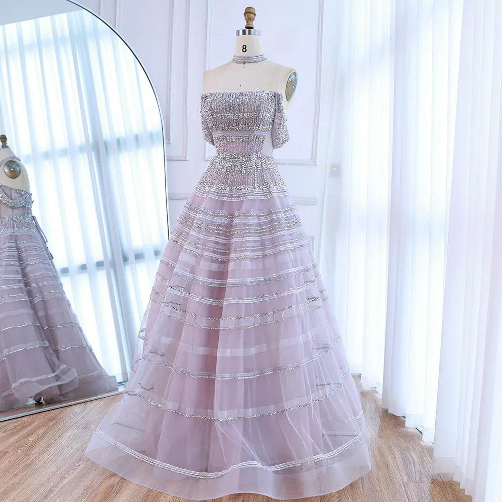 Luxury  Blue Cinderella Off Shoulder A-Line Beaded Evening Dress LA73079 - SERENE HILL
