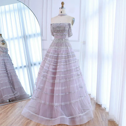 Luxury  Blue Cinderella Off Shoulder A-Line Beaded Evening Dress LA73079 - SERENE HILL