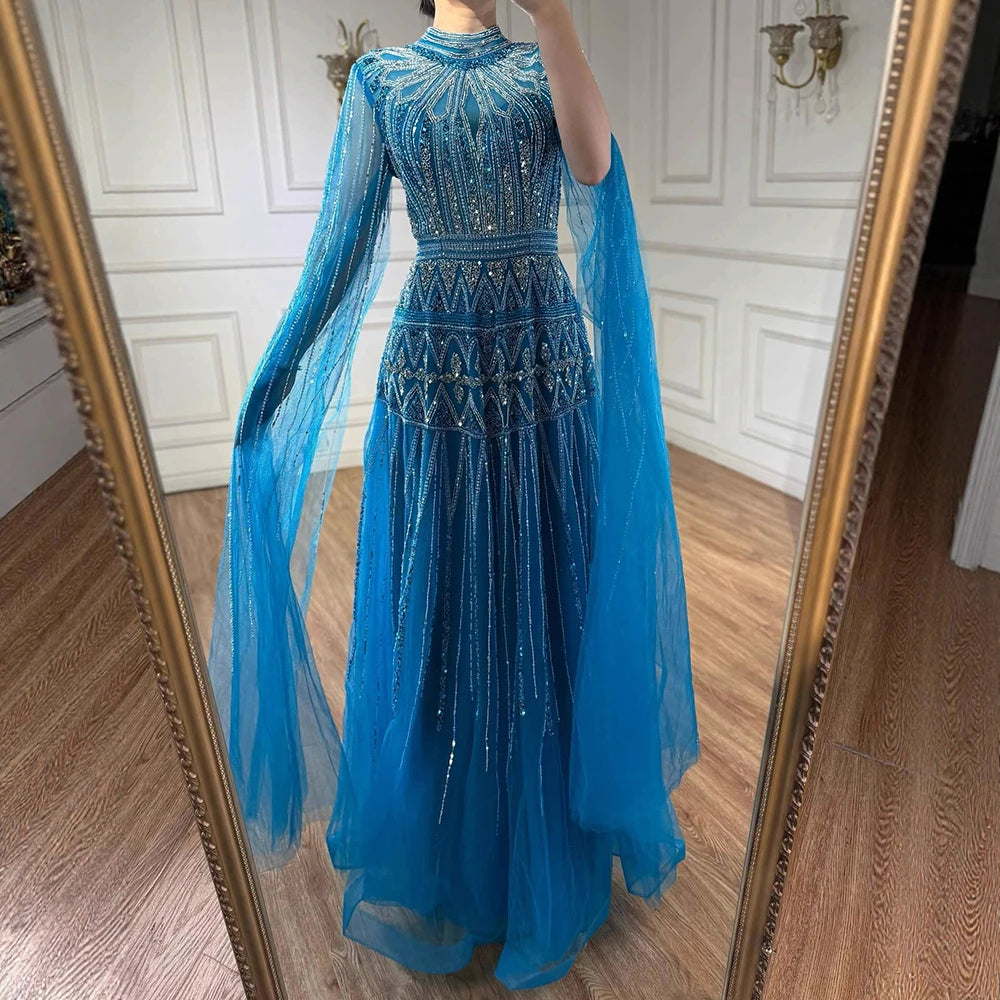Luxury Arabic Blue Beaded Evening Dress with Cape Sleeves LA73187 - SERENE HILL