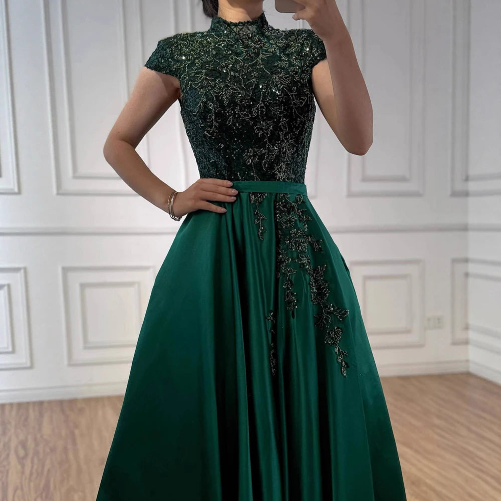 Serene Hill Satin Green A-Line Beading Evening Gowns 2025 Dubai High Collar Cap Sleeves Formal Dress Design LA70761 - SERENE HILL