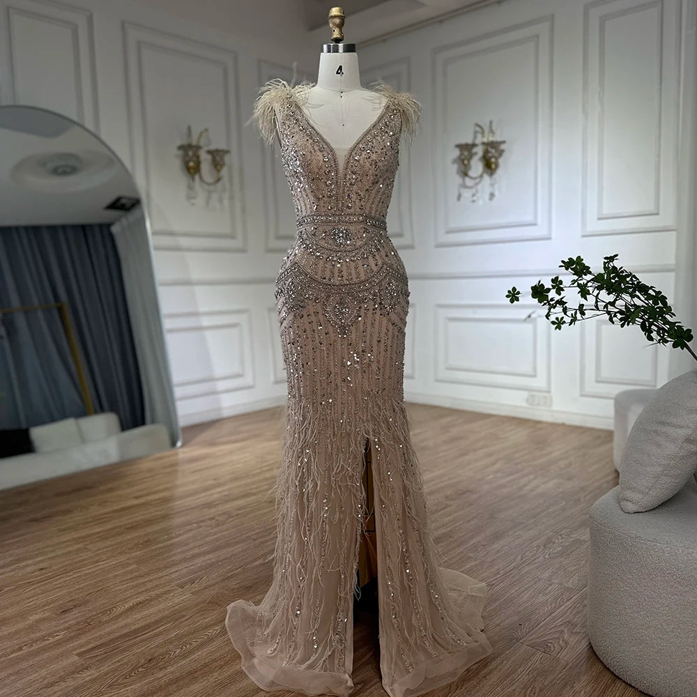 Luxury Dubai Arabic Blue Elegant Split Mermaid Beaded Feathers Long Evening Dresses Gowns for Formal Occasion LA72742 - SERENE HILL