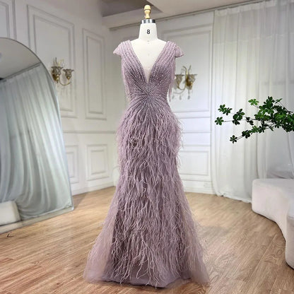 Luxury Brown Mermaid Elegant Beaded Evening Dress Gown with Feathers LA70801 - SERENE HILL
