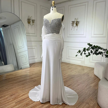 Luxury Dubai Elegant White Arabic Evening Gown with Crystal Beaded Dress and Gloves for Formal Occasion LA72758 - SERENE HILL