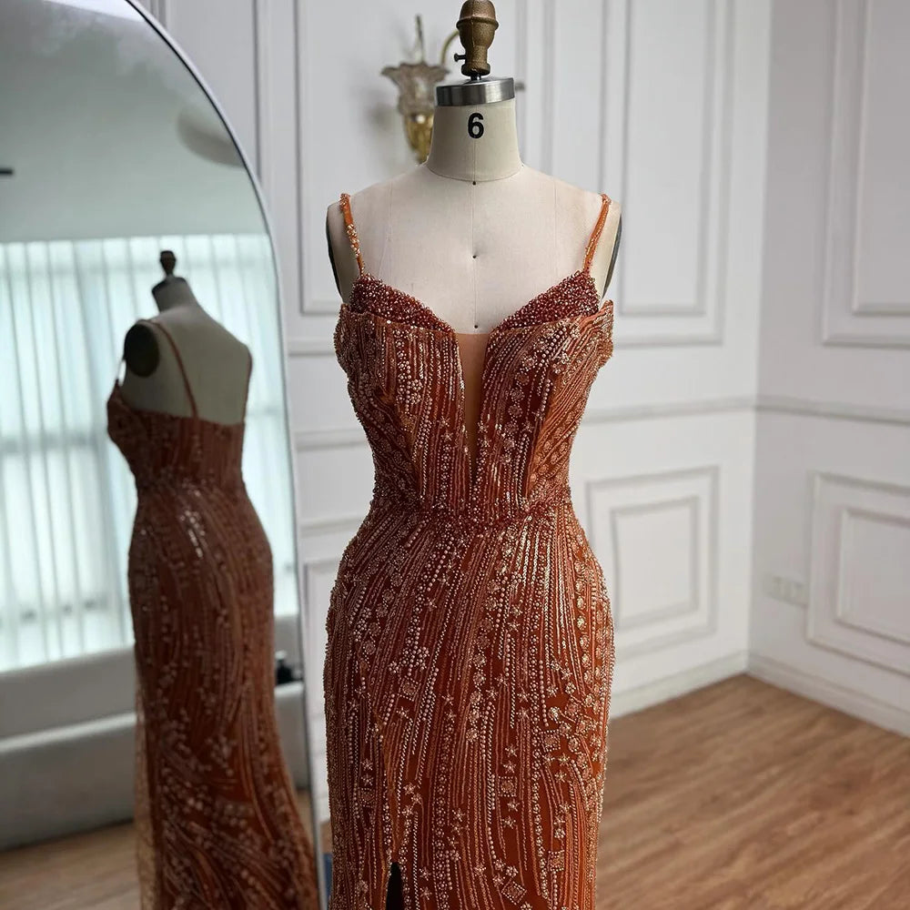 Orange Beaded Evening Dress with Slit Spaghetti Straps LA72542 - SERENE HILL