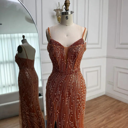 Orange Beaded Evening Dress with Slit Spaghetti Straps LA72542 - SERENE HILL