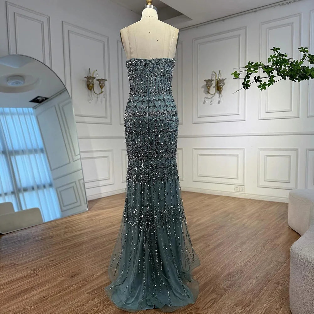 Luxury Turquoise Beaded Evening Dress with Detachable Cape LA72714B - SERENE HILL