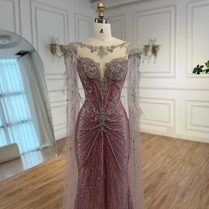 Luxury Pink Beaded Mermaid Evening Dress with Cape LA73106 - SERENE HILL