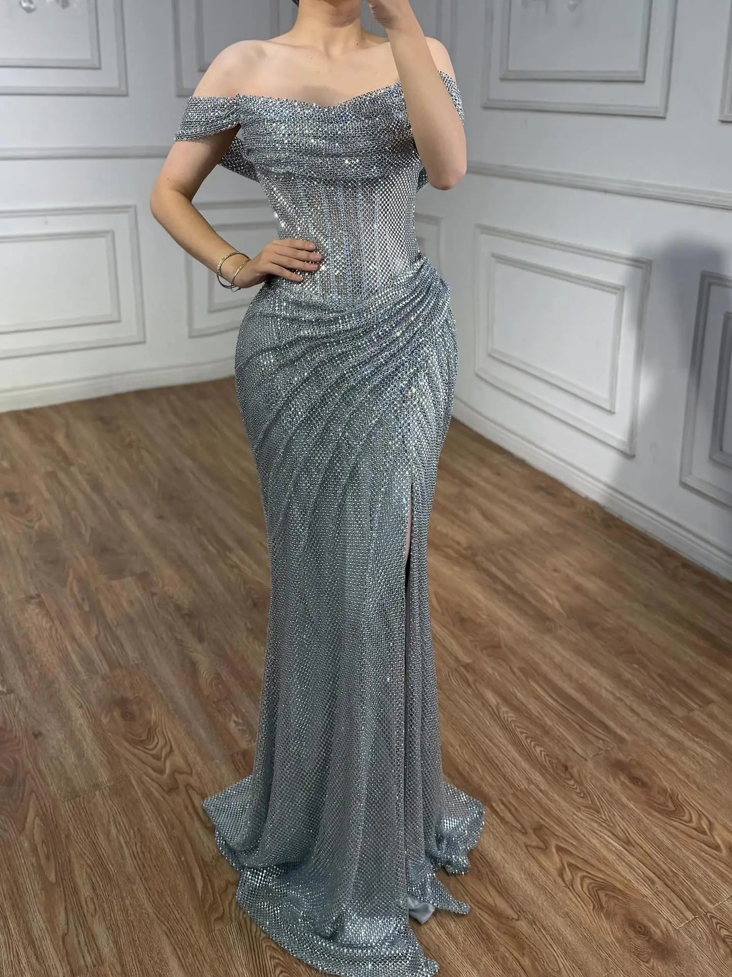 Luxury Silver Diamond Corset Off Shoulder Mermaid Evening Dress LA73410 wine red / 14