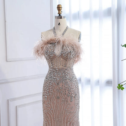 Luxury Nude Halter Feather Crystal Evening Dress LA73349 - SERENE HILL