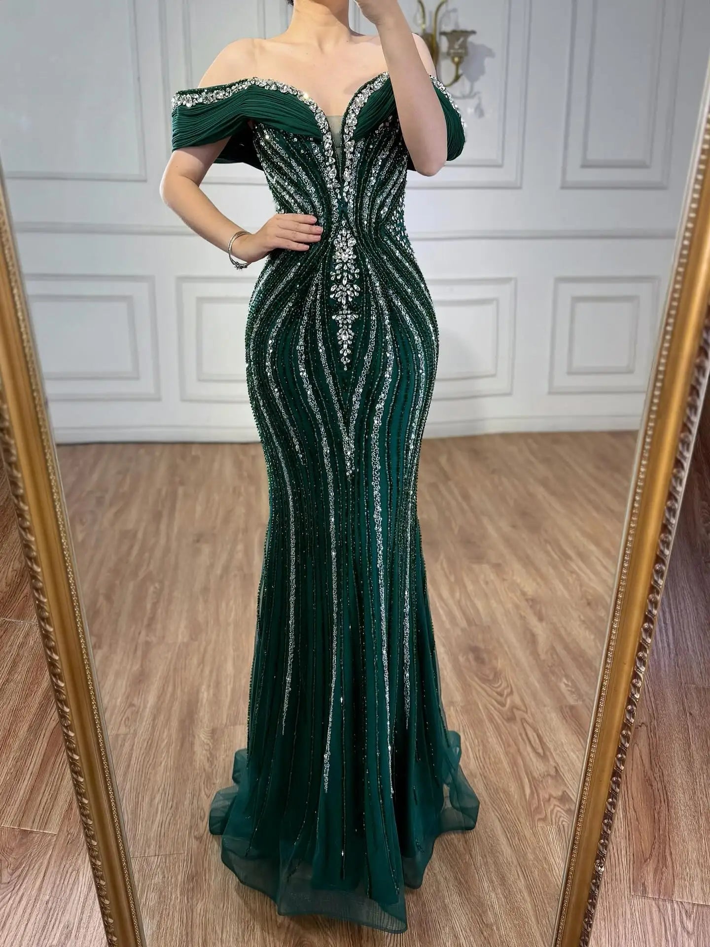 Luxury Green Gold Beaded Dubai Designer Mermaid Evening Dress LA73142 - SERENE HILL