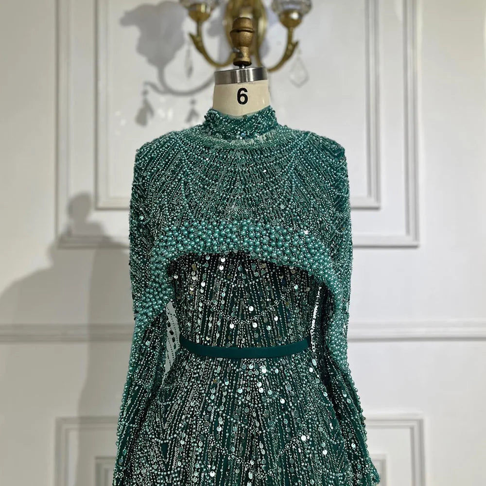 Luxury Modest Sage Green Evening Dress with Pearls LA72032B turquoise / 16W Luxury Modest Sage Green Evening Dress with Pearls LA72032B turquoise / 16W