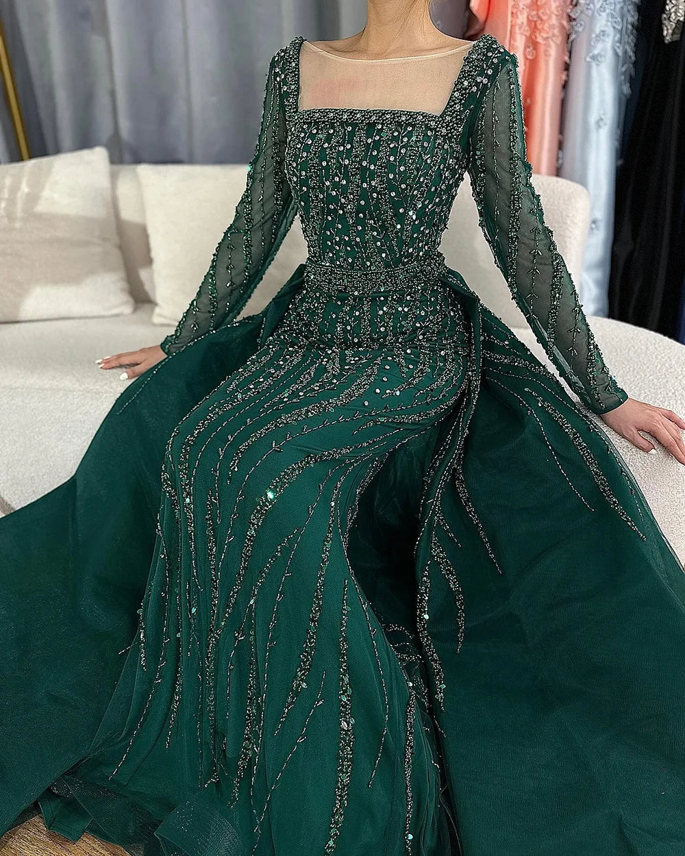 Modest Green Mermaid Evening Dress with Overskirt LA72710 - SERENE HILL