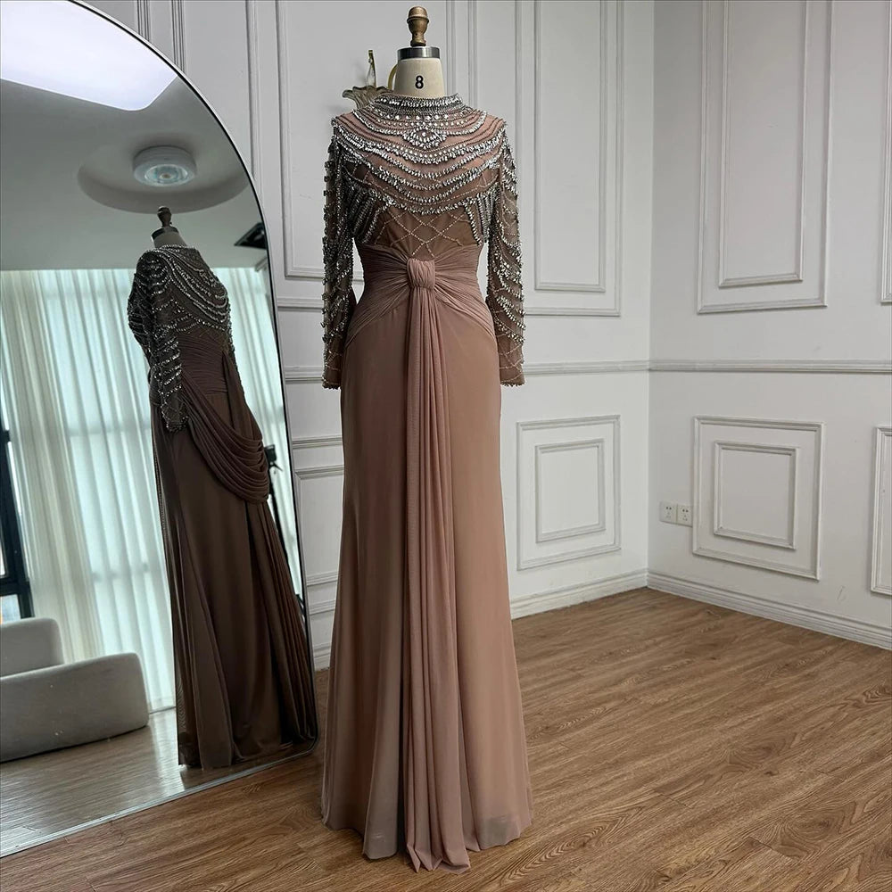 Luxury Designer Modest Brown Stretch Material Mermaid Evening Dress LA72993 - SERENE HILL