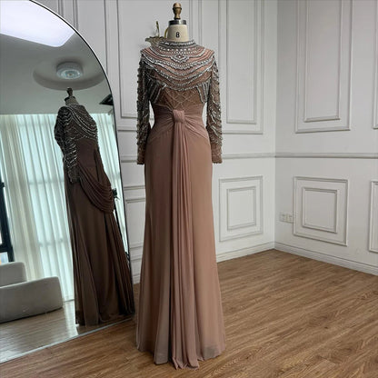 Luxury Designer Modest Brown Stretch Material Mermaid Evening Dress LA72993 - SERENE HILL