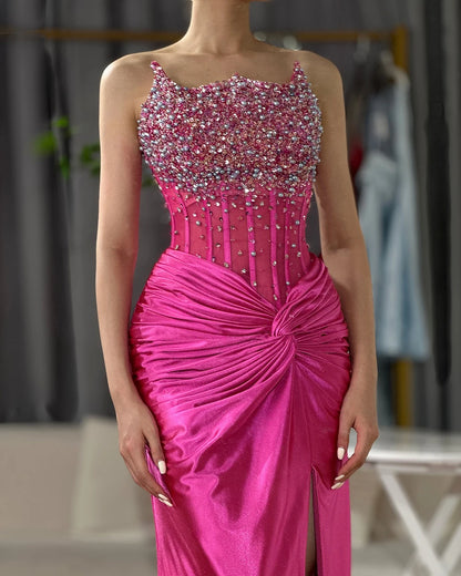 Serene Hill 2025 Arabic Fuchsia Side Split Beaded Mermaid Luxury Dubai Evening Gown for Women&