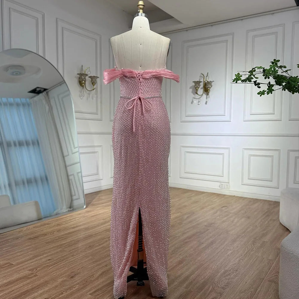 Luxury Pink Off Shoulder Mermaid Evening Dress with Bow LA73058 - SERENE HILL