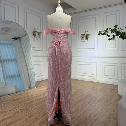 Luxury Pink Off Shoulder Mermaid Evening Dress with Bow LA73058 - SERENE HILL