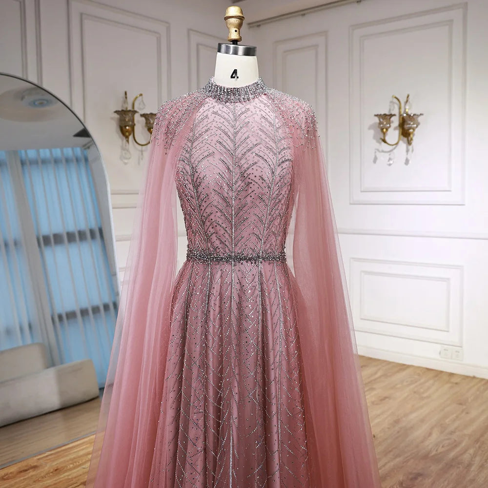 Luxury Elegant Pink Beaded Evening Dress with Cape LA73033 - SERENE HILL