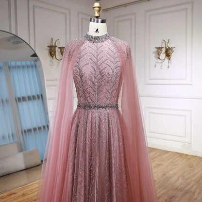 Luxury Elegant Pink Beaded Evening Dress with Cape LA73033 - SERENE HILL