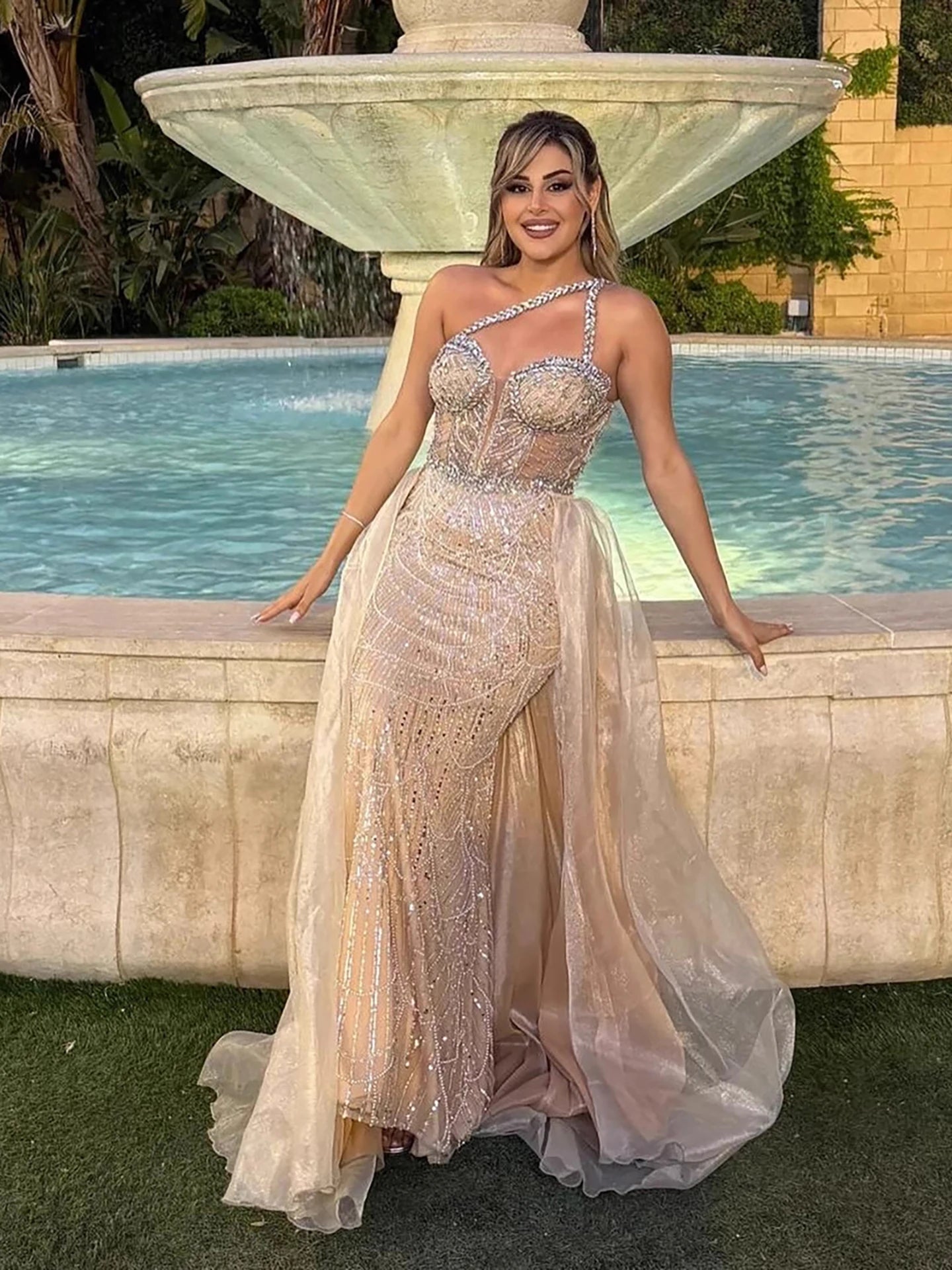 Luxury Nude One Shoulder Beaded Mermaid Evening Dress LA73358 - SERENE HILL